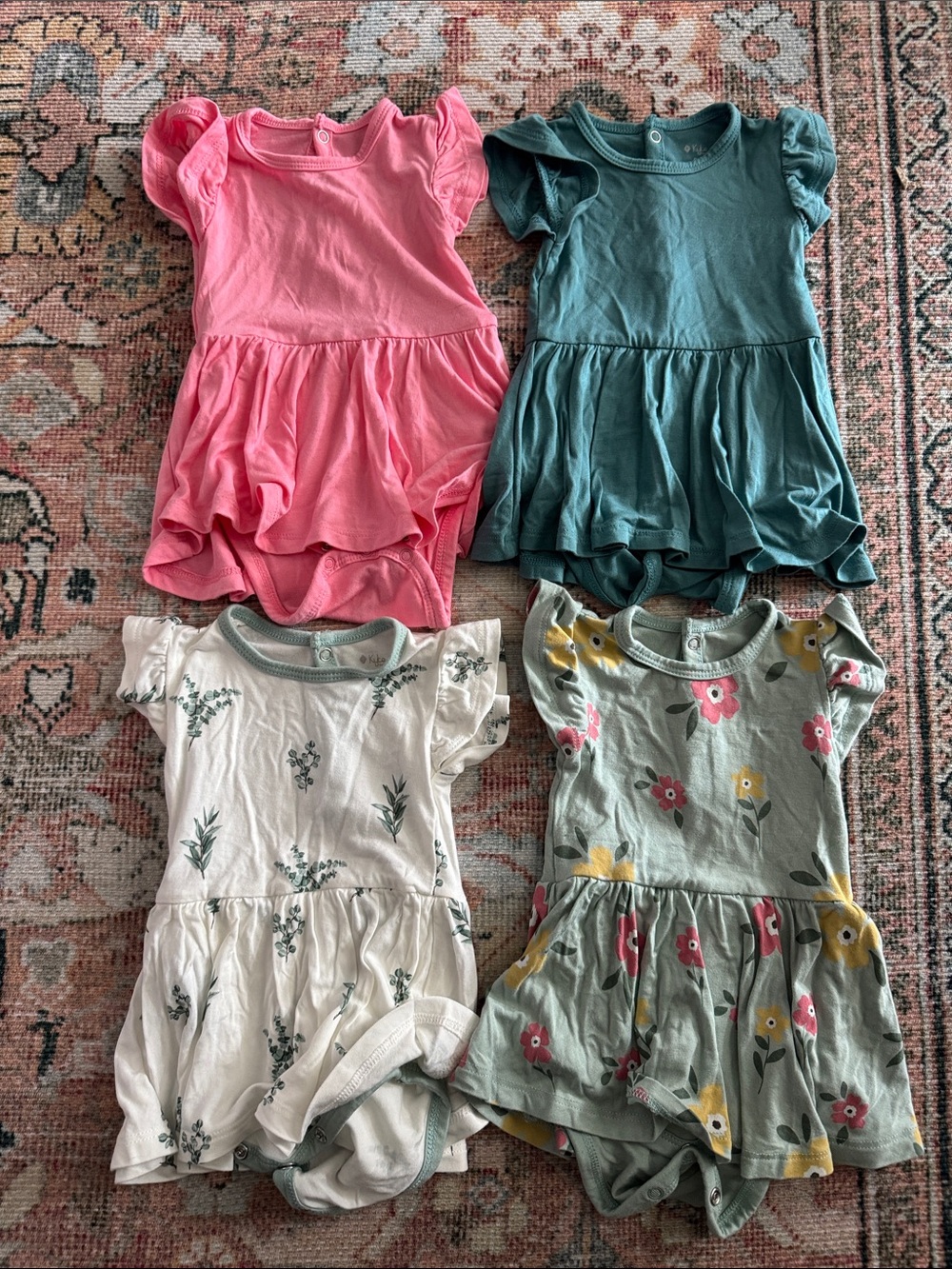 Kyte BABY Girls' Pink, Teal, Floral, and Eucalyptus Dress (4-Pack)